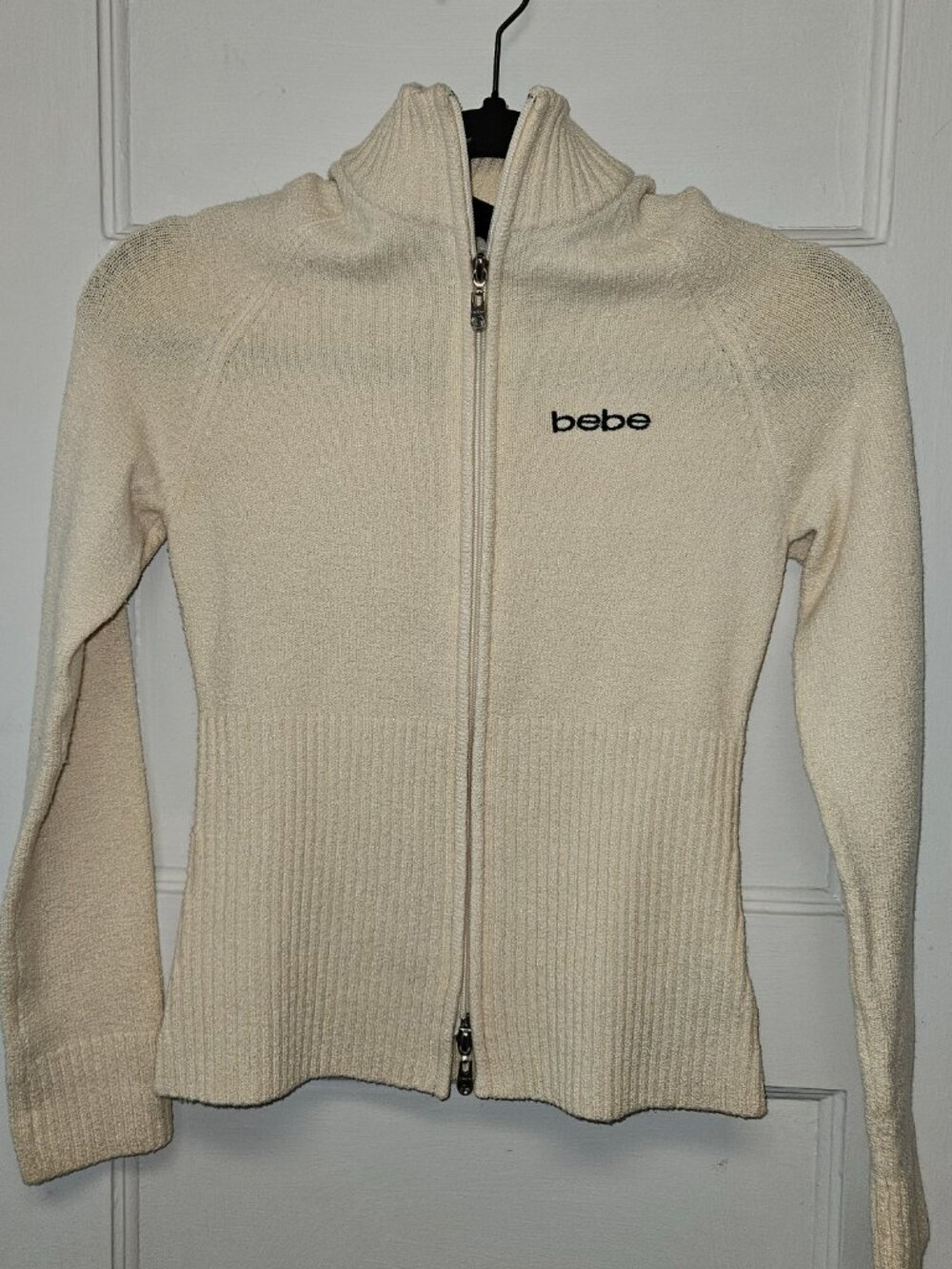 Bebe Cream Ribbed Zip-Up Sweater Jacket | Size M (US 8-10) | Y2K Fitted Style